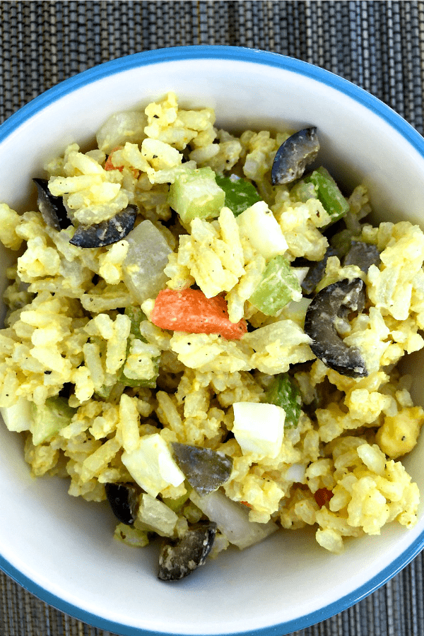 golden rice salad recipe using green olives chicken broth oil yellow mustard and hot rice