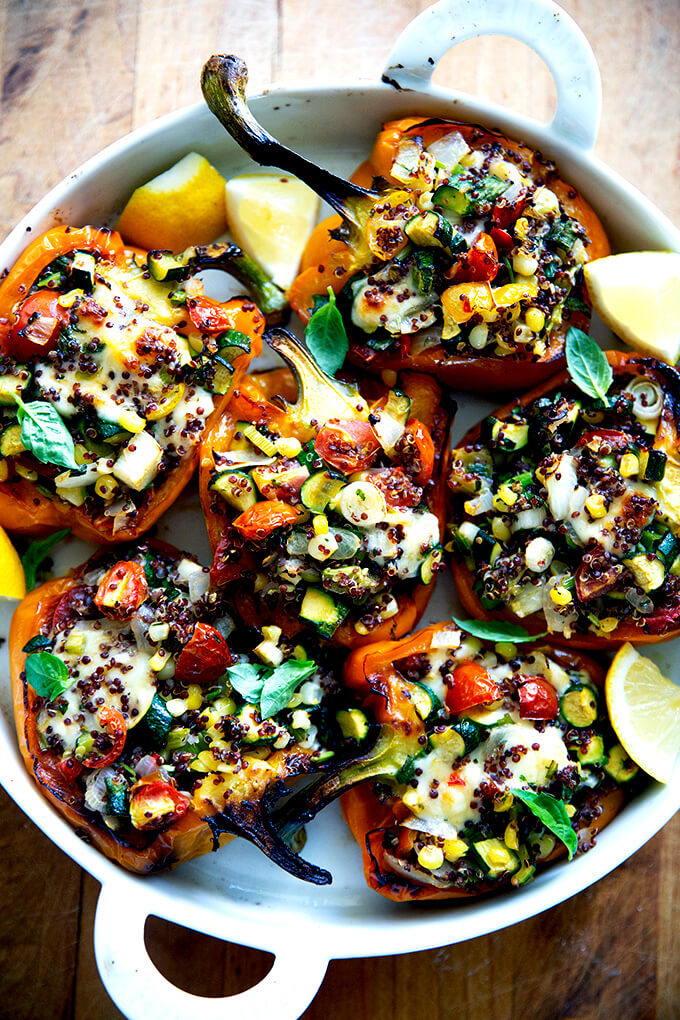 stuffed peppers on zucchini aubergines baked recipe