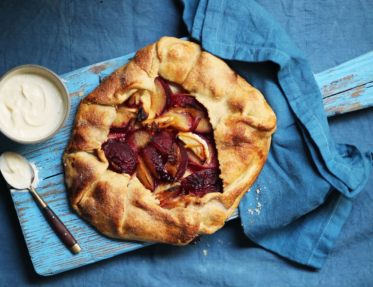 apple pie with curd and plums