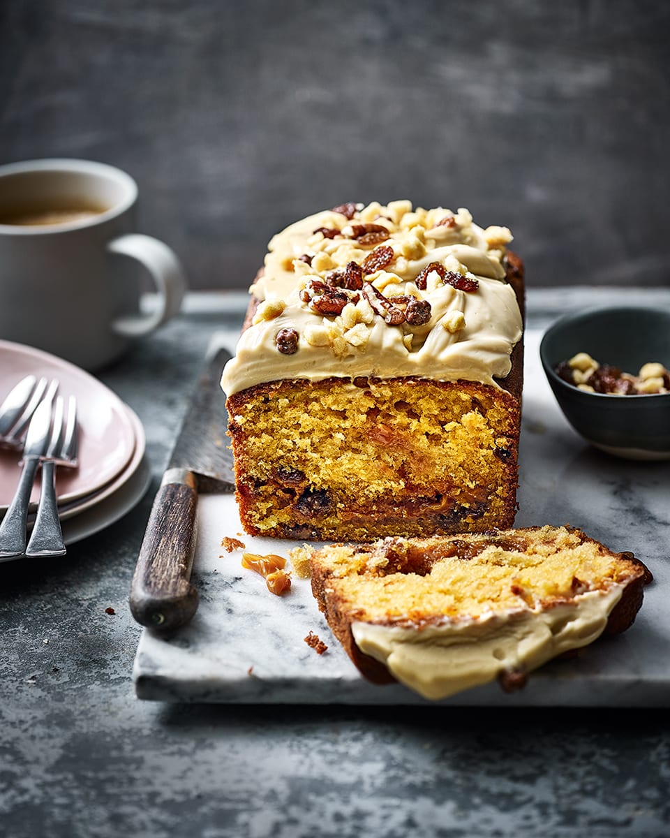 loaf with seasonal berries and caramel sauce