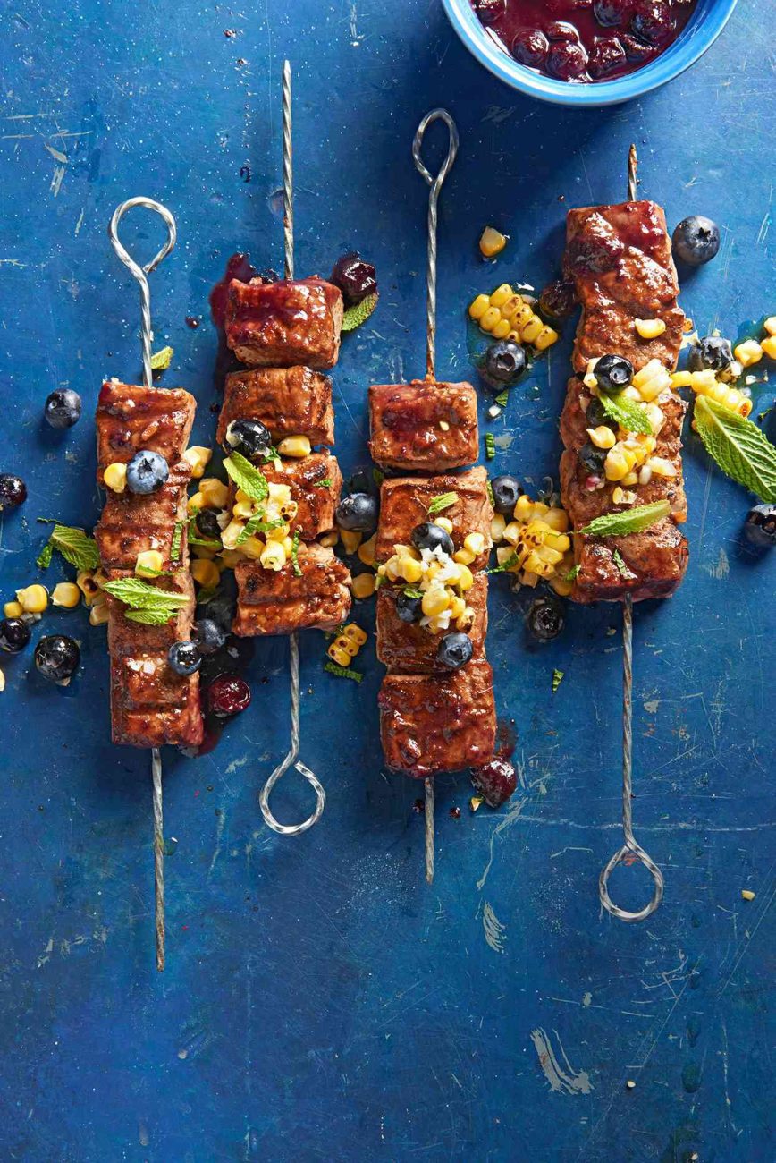 pork skewers and pebre salsa