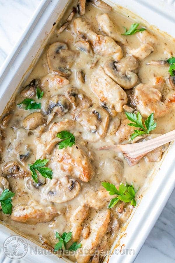 baked chicken pieces with mushrooms and cheese