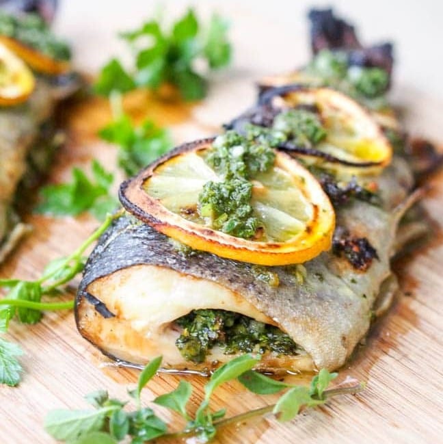 baked trout on herbs