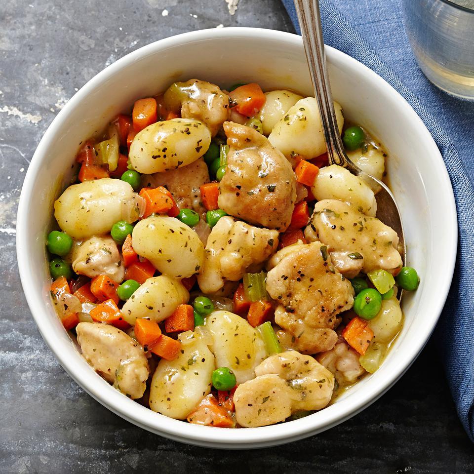 beetroot gnocchi with creamed chicken and mushrooms