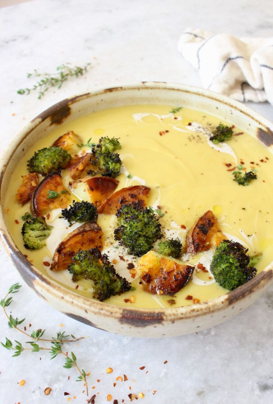 delicious potato soup with cauliflower and mustard sprouts