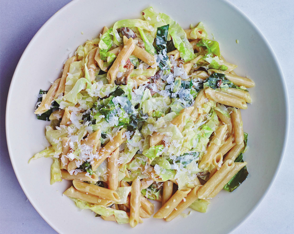 pasta with sweet cabbage and mushrooms