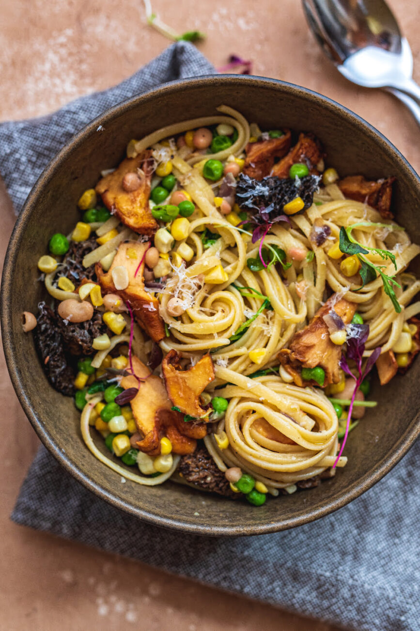 roasted porcini mushroom with beans corn and pasta