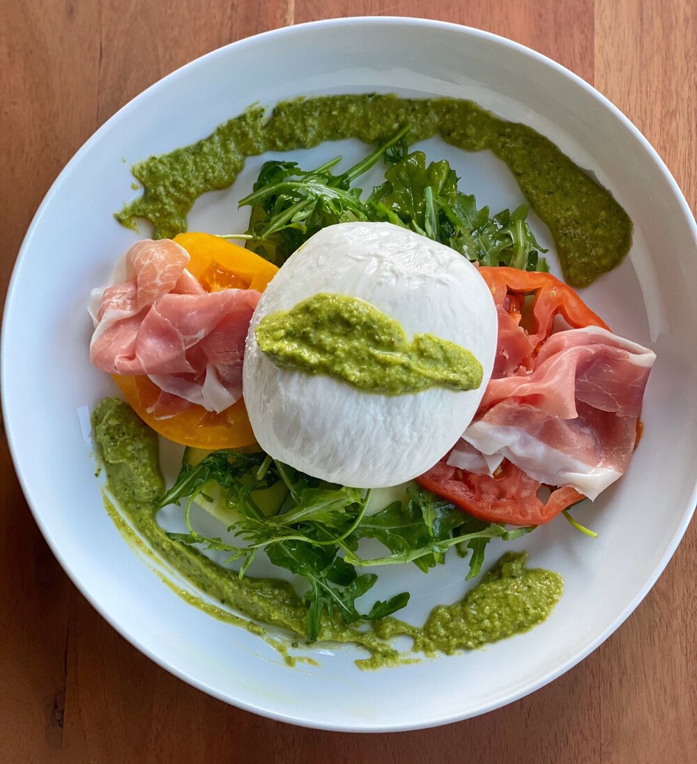 salmon caprese salad with poached egg