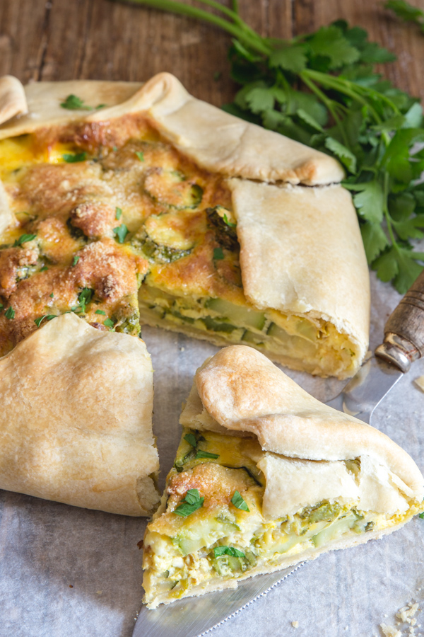 salty zucchini pie with cheese and bacon or other cold cuts