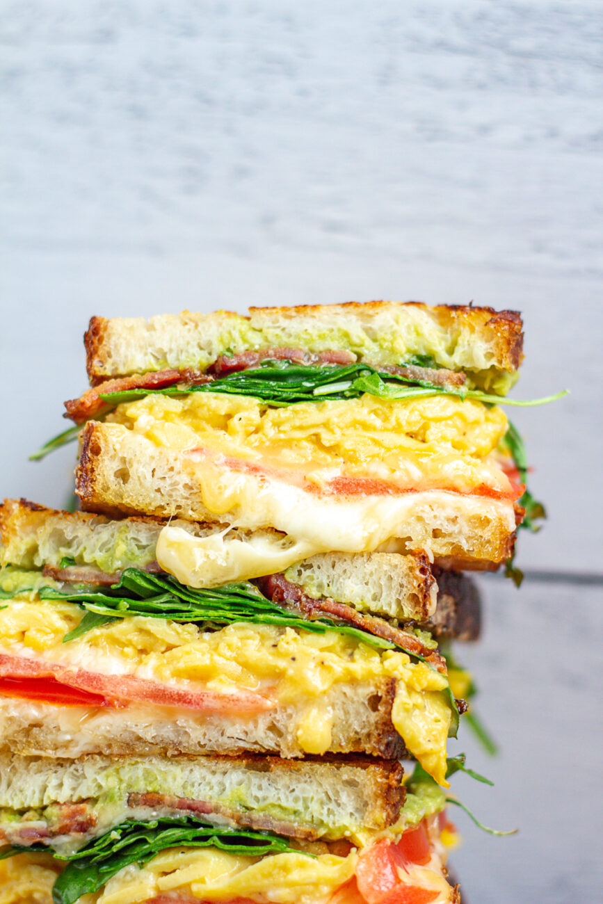 toasts with scrambled eggs cheese and ham