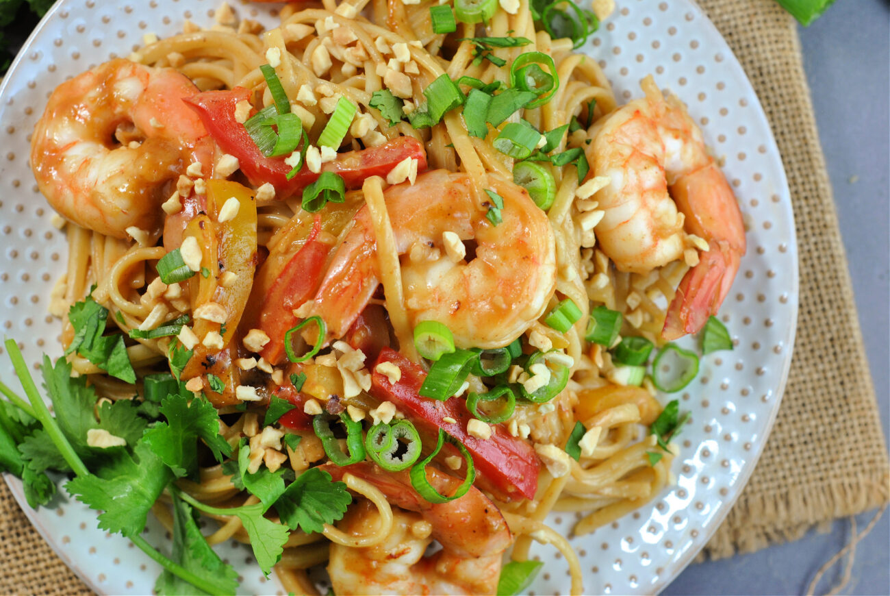 udon noodles with peanut sauce and shrimp