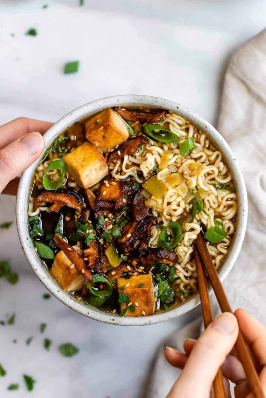 vegetarian cabbage soup with smoked tofu and mushrooms