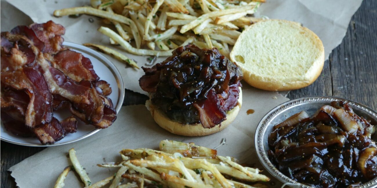 burger with camembert caramelised onions and chips 1