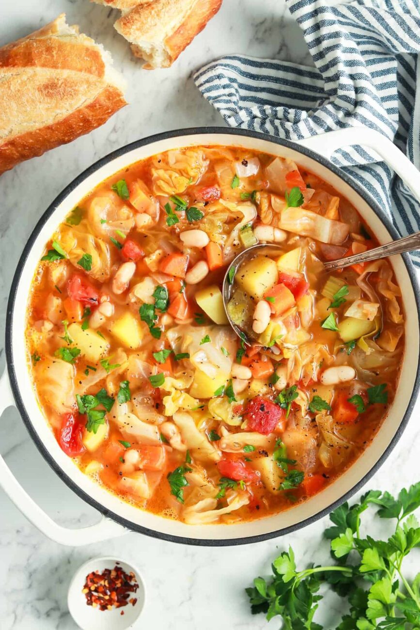 cabbage soup with smoked meat and cream