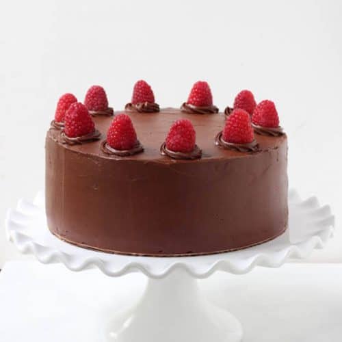 chocolate vanilla cake with raspberries