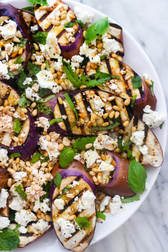 grilled aubergine with balkan cheese and nuts