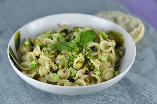 pappardelle with braised turnip greens and crunchy pistachios