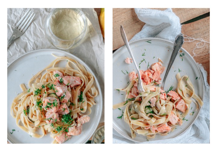 pasta on wine with salmon