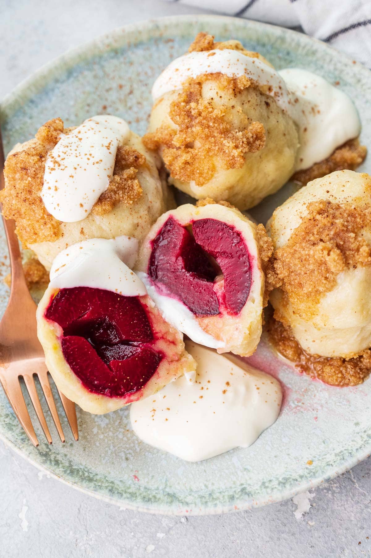 plum dumplings in breadcrumbs