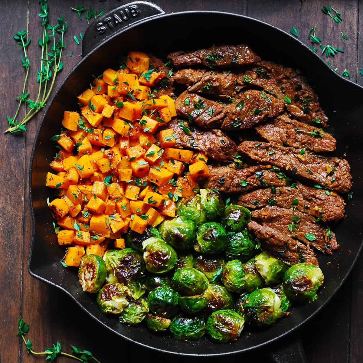 braised beef slices sauteed brussels sprouts potatoes