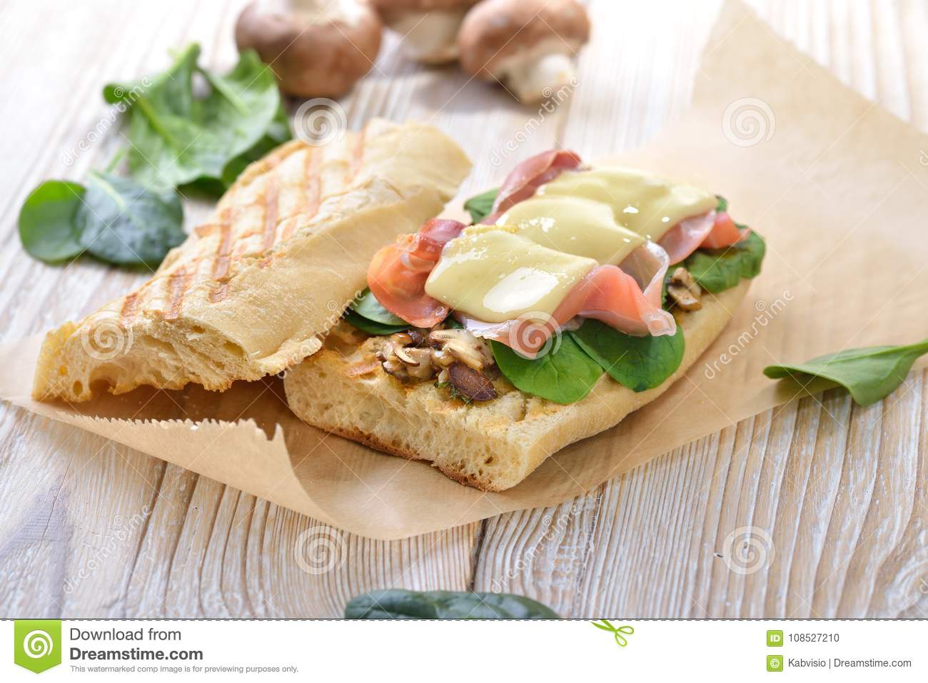 bread baked with ham and spinach