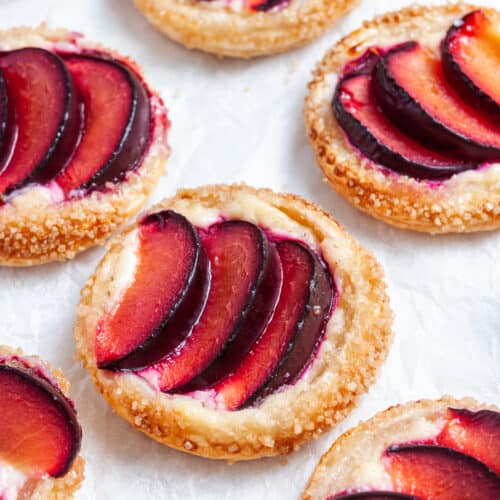 cheese curd plum tartlets with hot fudge