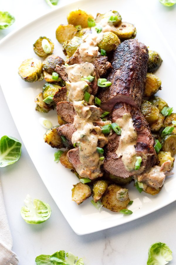 deer loin and ragout with brussels sprouts