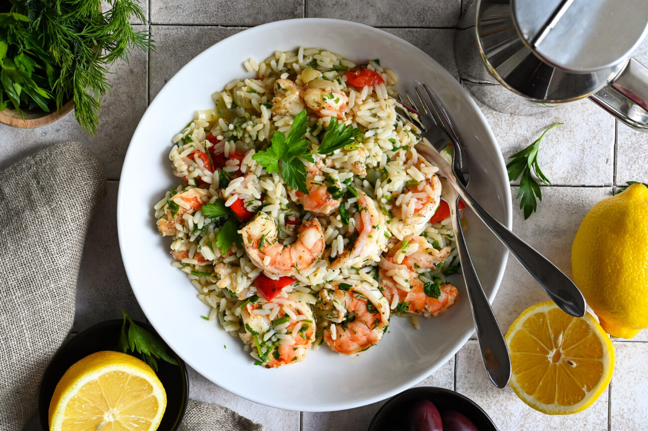 lemon shrimp with grilled halloumi and thyme