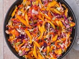 recipe for dressing to go on coleslaw with green cabbage red cabbage apples carrots and mango