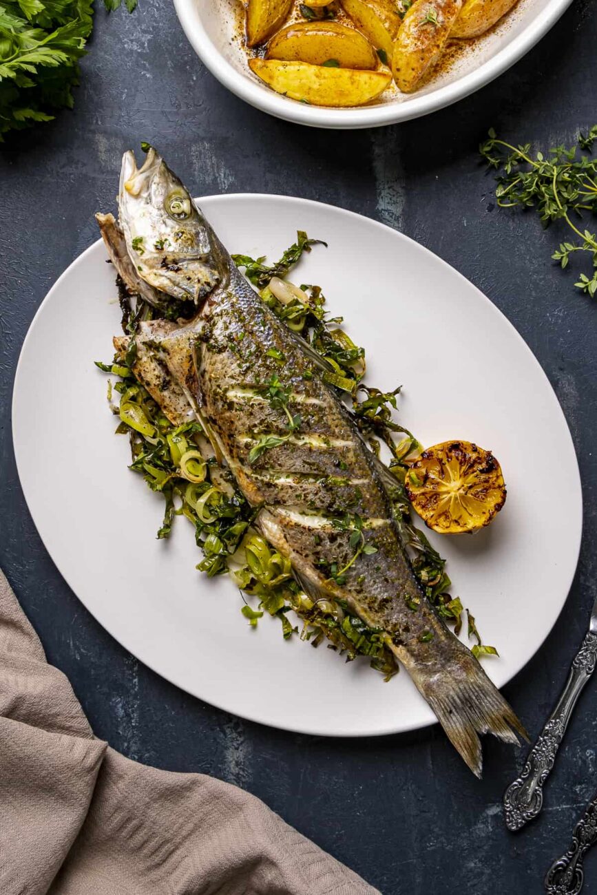 roasted whitefish with potatoes and broccoli