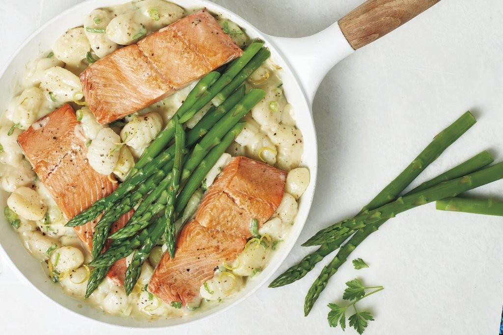 salmon gnocchi with vegetable asparagus