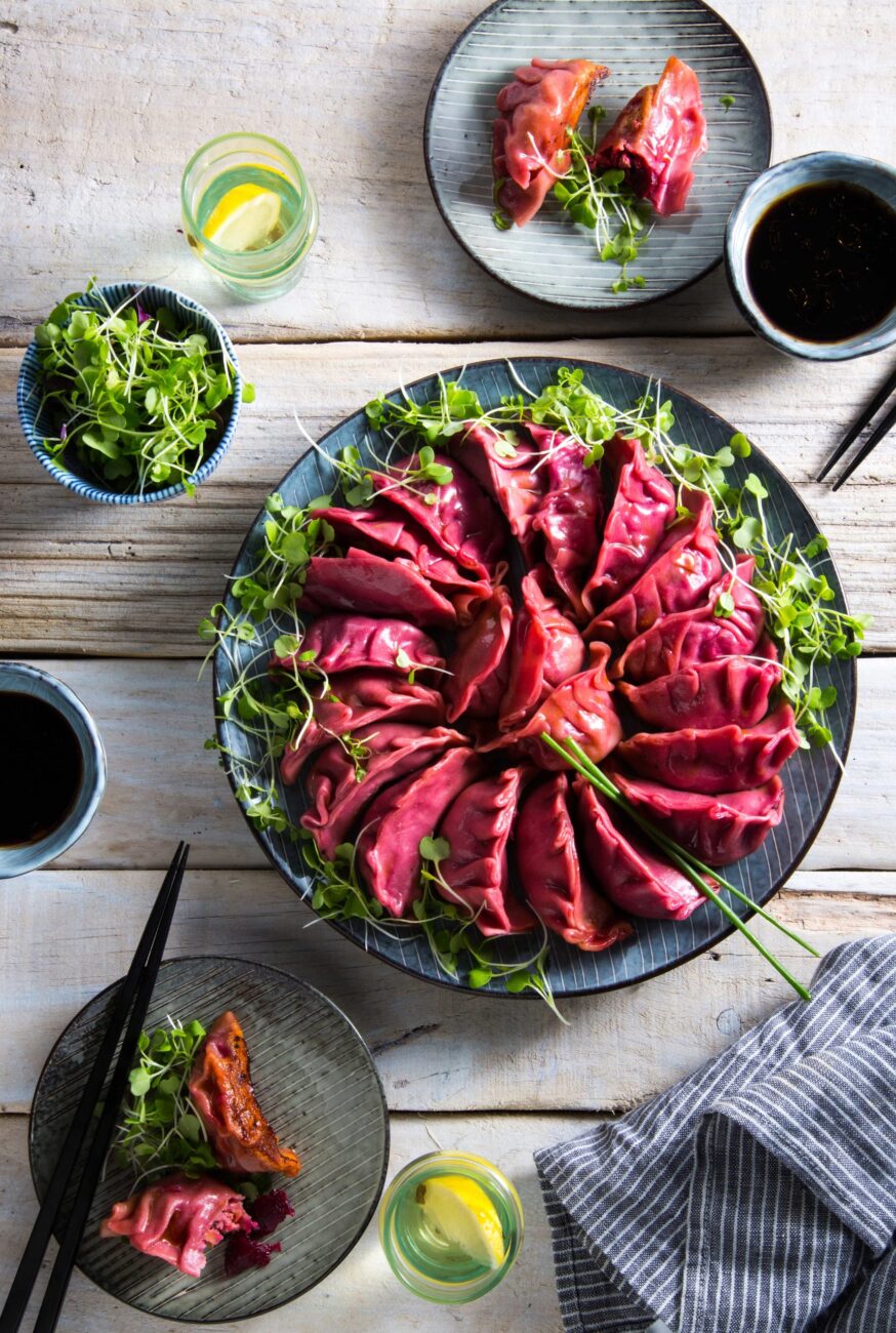 speck dumplings with beetroot cabbage